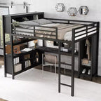 Lit mezzanine en métal double/grand format avec armoire et bureau en L, lit mezzanine robuste avec casiers de rangement et étagères, blanc/noir - ModernLuxe