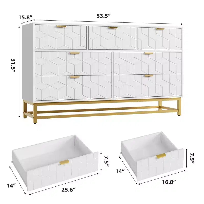 Commode pour chambre à coucher, commode de 136 cm de large avec 7 tiroirs, poignées et pieds en métal doré, commode moderne pour placard, couloir