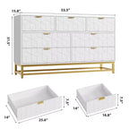 Commode pour chambre à coucher, commode de 136 cm de large avec 7 tiroirs, poignées et pieds en métal doré, commode moderne pour placard, couloir