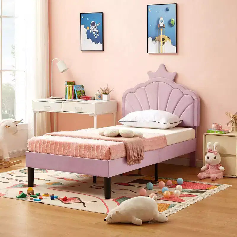 Cadre de lit enfant capitonné VECELO en forme de couronne, lit plateforme en bois avec tête de lit réglable, pas besoin de sommier tapissier