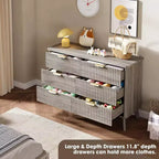 Commode 6 tiroirs pour chambre à coucher, commode de 120 cm de large avec profil incurvé, tiroirs en bois cannelé, commode moderne pour salon