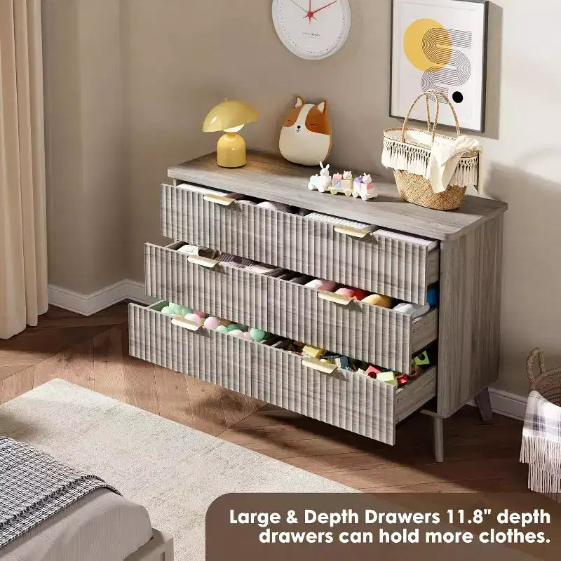 Commode 6 tiroirs pour chambre à coucher, commode de 120 cm de large avec profil incurvé, tiroirs en bois cannelé, commode moderne pour salon