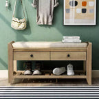 Banc de rangement de ferme Acekool 35,4" avec coussin, banc d'entrée à 2 niveaux avec étagère et 2 tiroirs pour chambre, couloir, salon, finition gris délavé