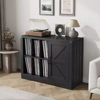Meuble Tourne-Disque Noir en Bois de Style Ferme avec Porte Coulissante – Rangement de Vinyles pour 750 Albums, Étagères d'Exposition, Meuble TV Idéal pour Salon