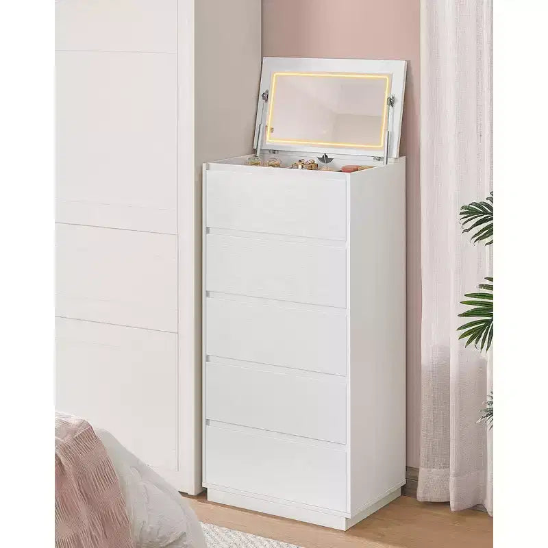 Commode 5 tiroirs avec miroir de courtoisie et lumières réglables tactiles, commode moderne pour chambre, meuble de rangement robuste, blanc neige