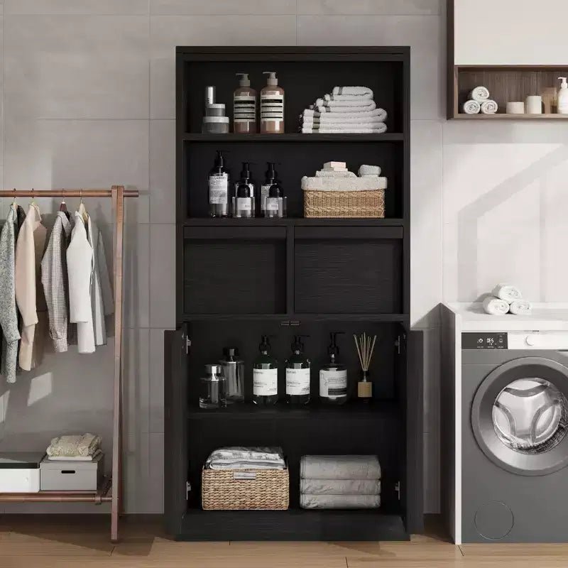 Meuble de Rangement Salle de Bain Haut de 129 cm, Meuble Bas Autonome avec 2 Tiroirs, Meuble de Rangement pour Salon Cuisine Salle de Bain