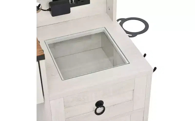 Coiffeuse de ferme avec miroir coulissant à LED, 4 tiroirs et 2 armoires, station de charge, plateau en verre et armoire latérale pour chambre à coucher