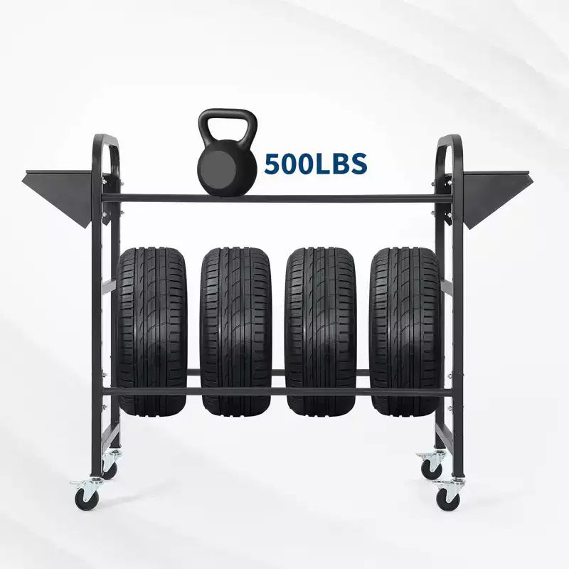 Support à pneus, capacité de 227 kg, support de rangement de pneus roulant réglable avec 2 étagères et 4 roulettes pivotantes pour garage, pneus de VUS et de camions, noir