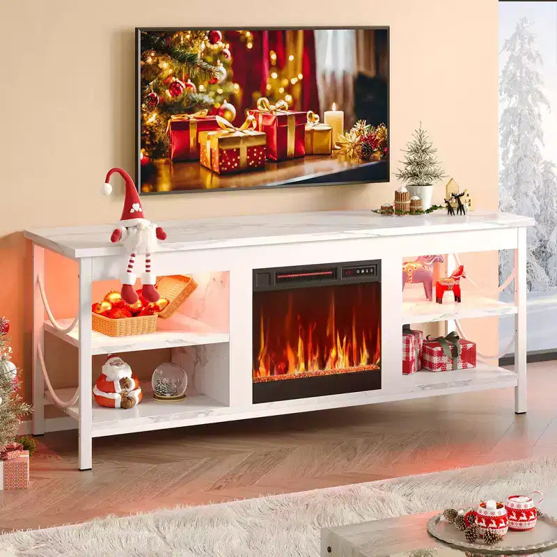 Meuble TV Pinmoco de 55 pouces avec cheminée électrique, centre de divertissement de jeu avec lumières LED et étagères, convient aux téléviseurs jusqu'à 65 pouces