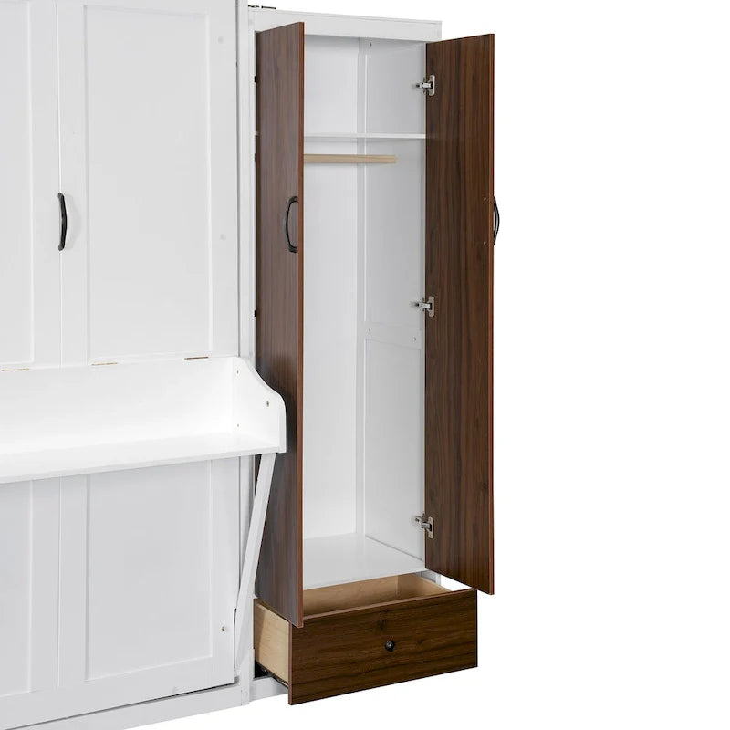 Lit escamotable mural avec armoire, tiroirs, éclairage LED et bureau