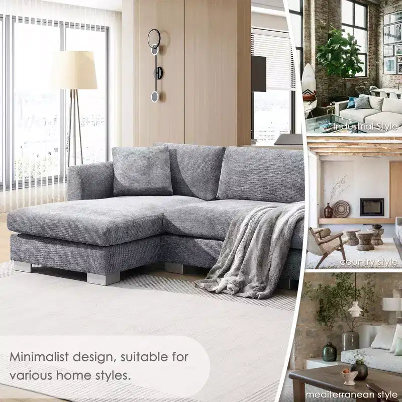 Canapé moderne en forme de L « Nuage » : canapé de luxe 4 places en chenille avec méridienne surdimensionnée, 2 oreillers offerts - Idéal pour salon, appartement, bureau