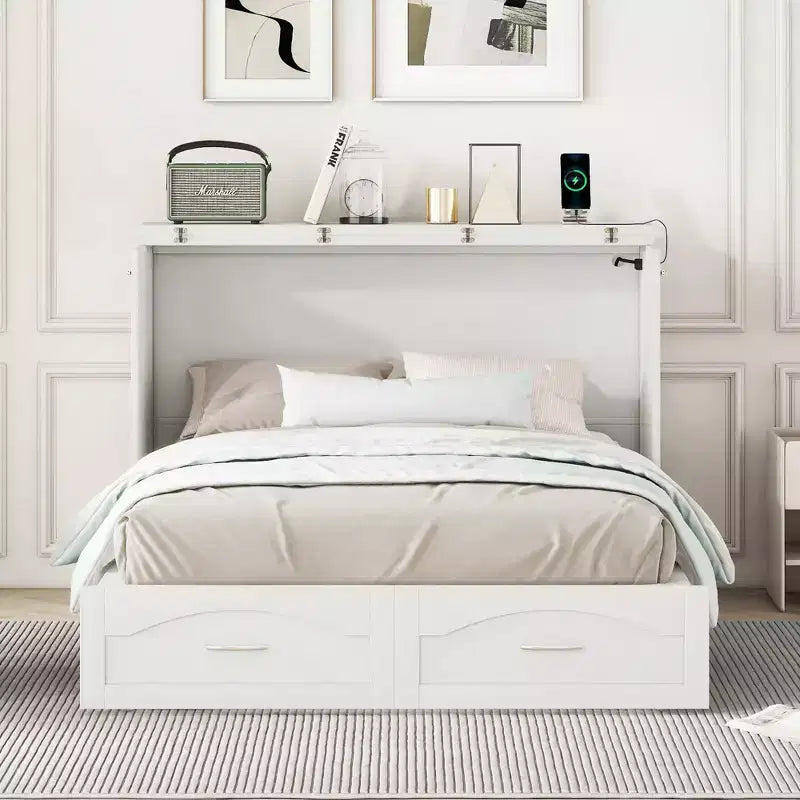 Lit escamotable Whisen avec structure de poulie, se plie dans une armoire avec tiroir et ports USB