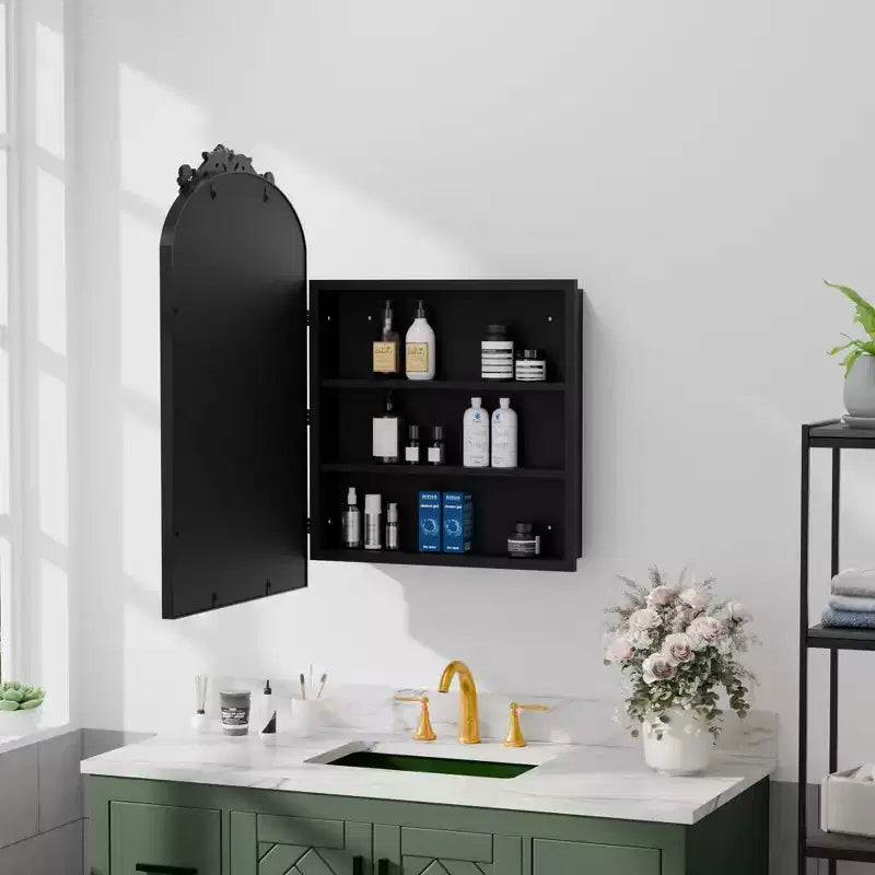 Armoire à pharmacie en fer forgé doré de 19,5 x 29,64 pouces avec miroir, armoire de salle de bain avec miroir sculpté