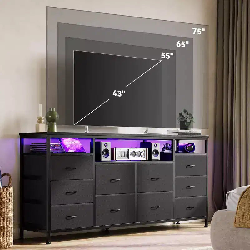 Commode noire de 160 cm pour chambre à coucher, commode à 10 tiroirs, meuble TV pour téléviseur de 65, 70, 75 pouces, commode en tissu avec lumières LED et prises de courant