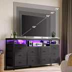 Commode noire de 160 cm pour chambre à coucher, commode à 10 tiroirs, meuble TV pour téléviseur de 65, 70, 75 pouces, commode en tissu avec lumières LED et prises de courant