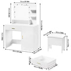 Coiffeuse, coiffeuse avec miroir et 9 ampoules LED, grands tiroirs et trois niveaux de rangement et d'étagères ouvertes pour chambre, blanc
