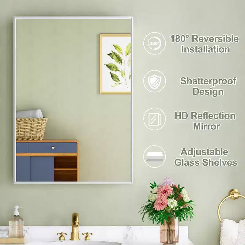 Armoire à pharmacie Elise avec miroir, armoire de salle de bain à montage en surface ou encastré, étagères réglables en verre trempé, réversible