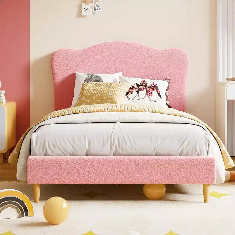 Lit plateforme capitonné jumeau GustoWave avec tête de lit coquillage pour enfants - Rose, pas besoin de sommier tapissier