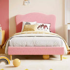 Lit plateforme capitonné jumeau GustoWave avec tête de lit coquillage pour enfants - Rose, pas besoin de sommier tapissier