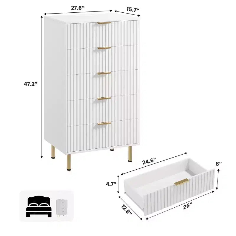 Commode moderne en bois de 122 cm de haut avec 5 tiroirs cannelés profonds et un large plateau pour chambre à coucher, salon, couloir, chambre d'enfant