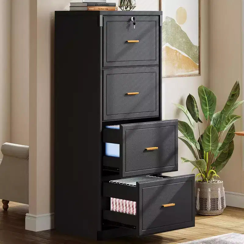 Classeur à 4 tiroirs Lantine avec serrure et clé, grand meuble de rangement vertical en bois pour dossiers légaux/lettres/A4, rangement pour bureau à domicile, noir