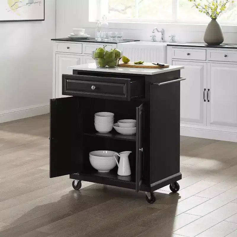 Desserte de cuisine compacte en granit noir/blanc - Crosley : Bois massif, étagère réglable, porte-serviettes