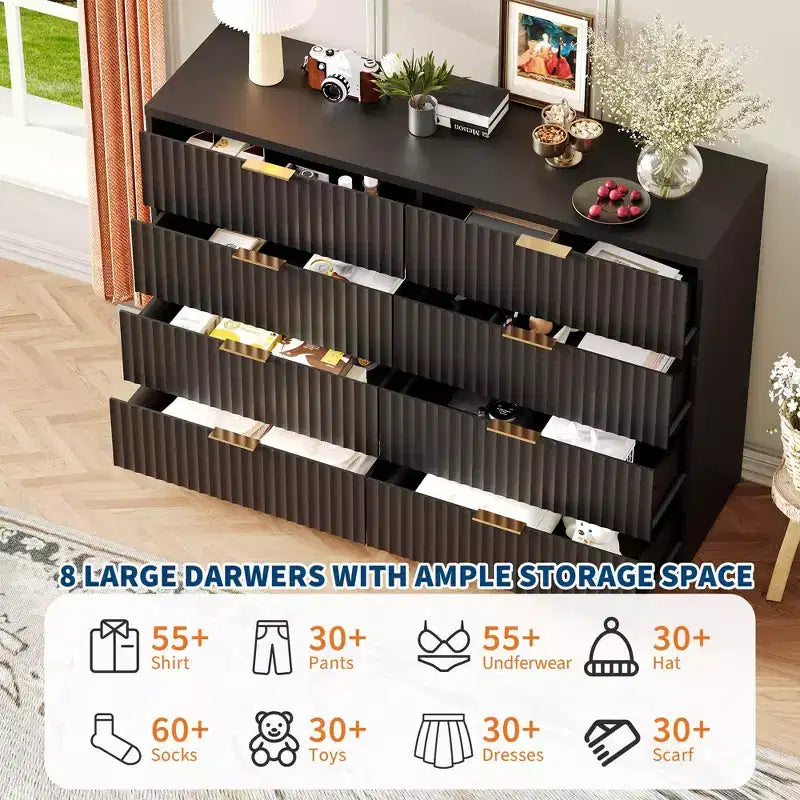 COZONY Commode cannelée à 8/9 tiroirs - Grand meuble de rangement en bois avec poignées métalliques et dispositif anti-basculement pour chambre à coucher, salon, couloir