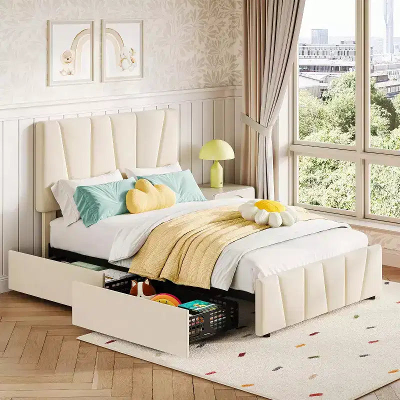 Lit Queen Size avec tête de lit réglable et 4 tiroirs de rangement, cadre de lit plateforme rembourré doux avec support à lattes en bois