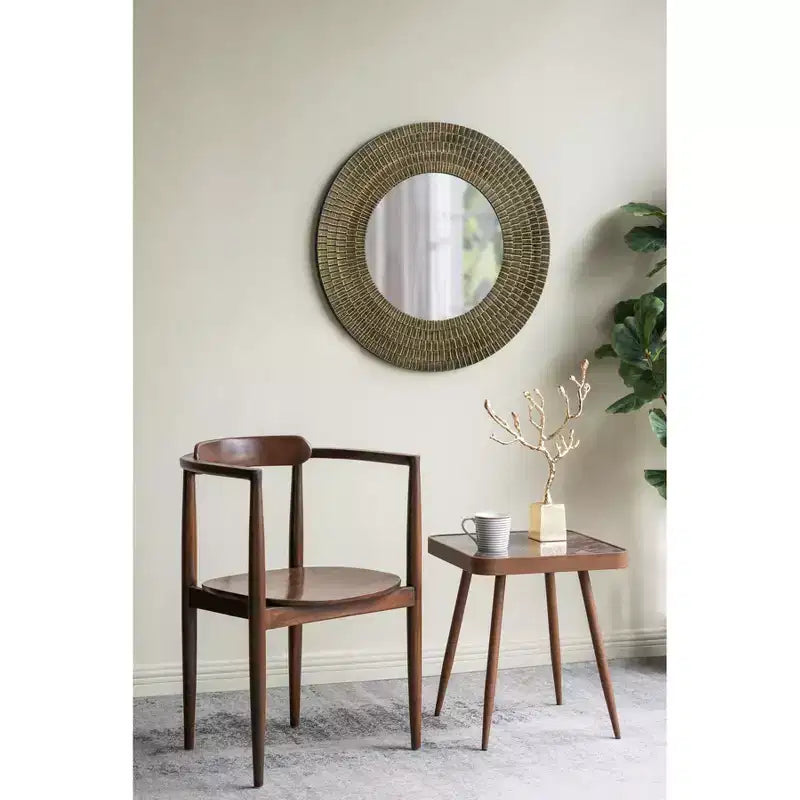 Miroir Mural Rond en Bois Or et Noir de 75 cm avec Texture Tressée