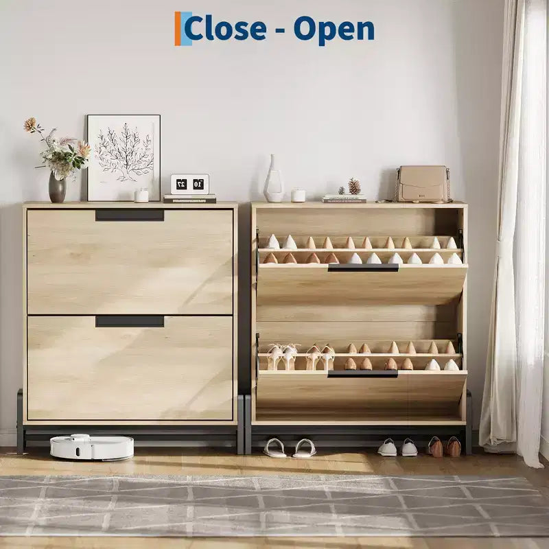 Meuble de rangement pour chaussures à 2 tiroirs basculants – avec pieds en métal, étagère réglable, organisateur de chaussures étroit pour entrée, foyer, couloir, salon