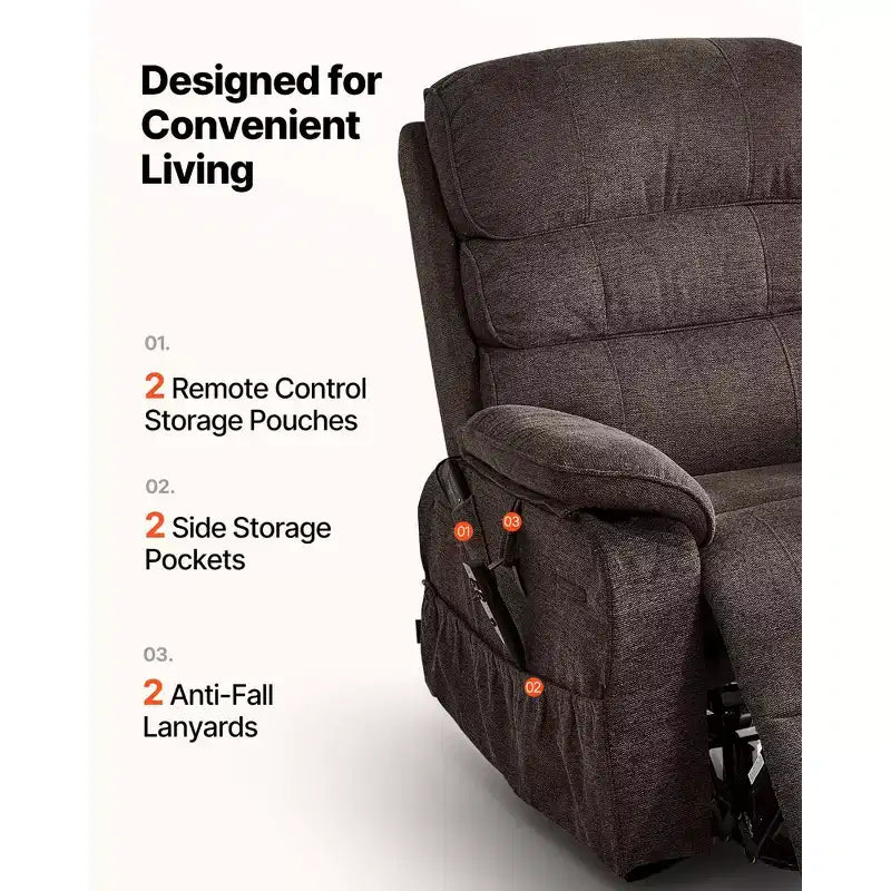 Fauteuil inclinable et releveur électrique VEVOR, Fauteuil releveur double moteur de taille moyenne avec chauffage et massage pour personnes âgées, Position réglable, Télécommande, Marron