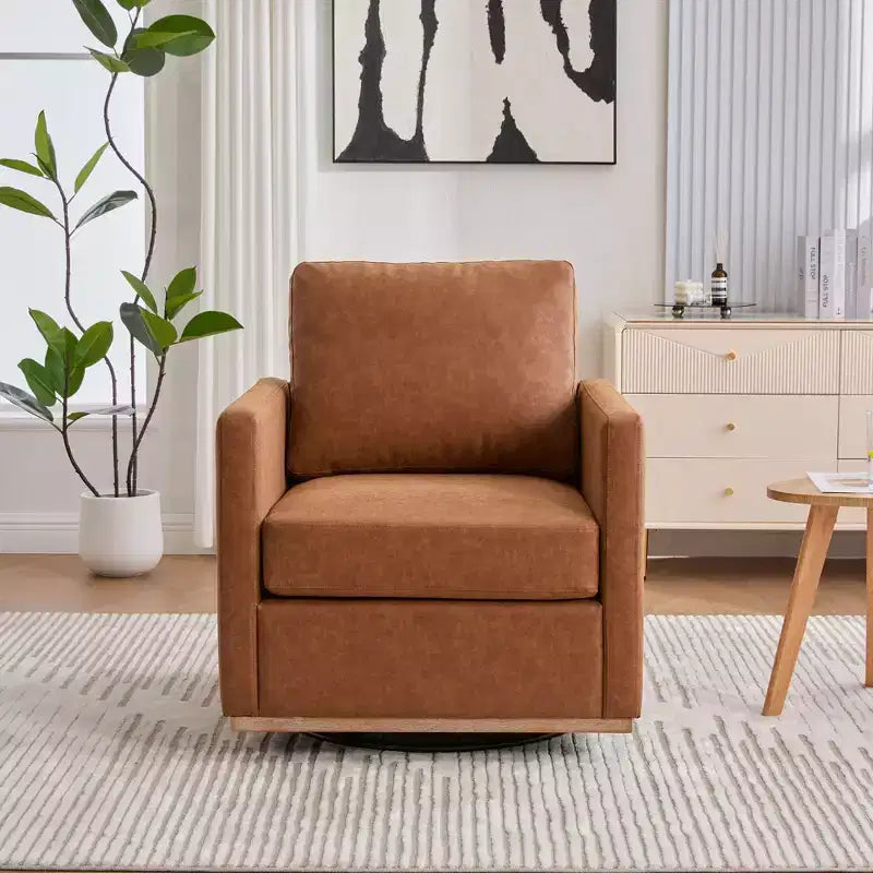 Fauteuil pivotant Etokfoks 30,7 pouces de large en PU marron, avec accoudoirs carrés, fauteuil de salon 360 degrés pour chambre à coucher