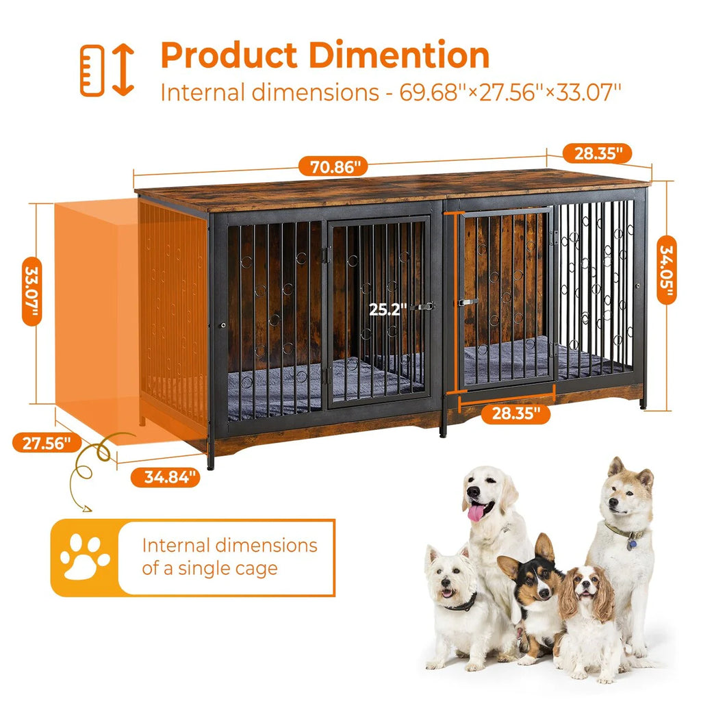 Meuble Cage pour Chien 70.86'' Grande Race Meuble TV avec Coussin & Deux Chambres (Sans Coussin)