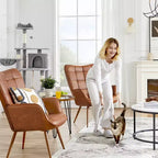 Yaheetech Lot de 2 fauteuils d'appoint touffetés à dossier haut en similicuir d'inspiration mi-siècle avec pieds en métal imitation bois pour salon, chambre à coucher, appartement