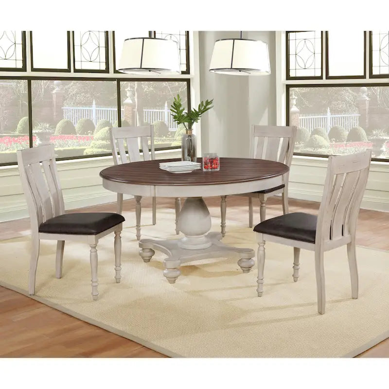 Ensemble de salle à manger Roundhill Furniture Arch en chêne vieilli : table ronde, quatre chaises