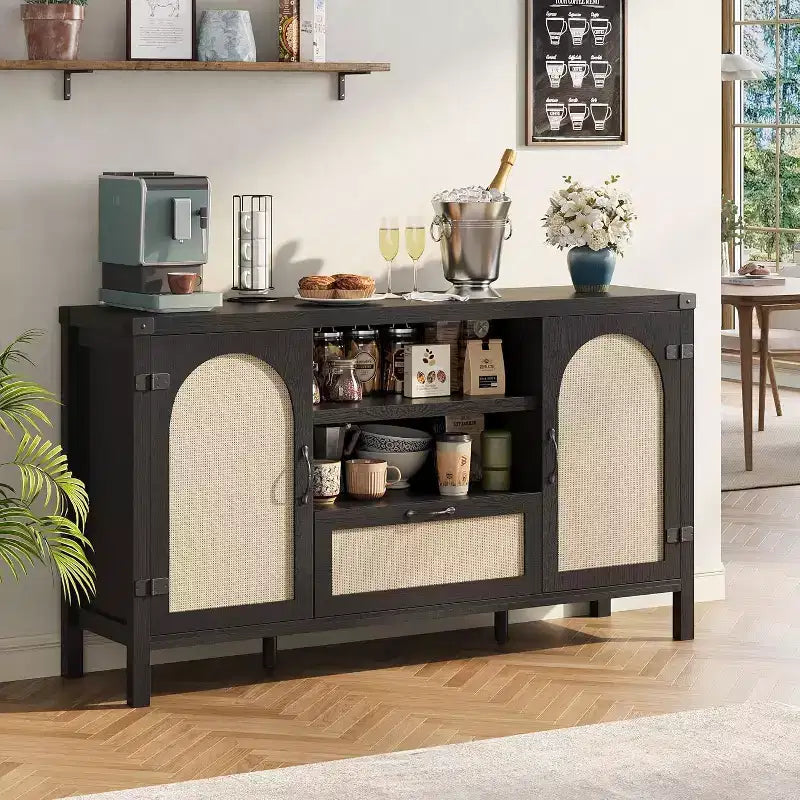 47.2/59.1 Meuble Buffet en Rotin avec Rangement, Buffet de Ferme Bohème avec Étagères Réglables, Tiroir, Portes, Meuble Bar à Café de Cuisine