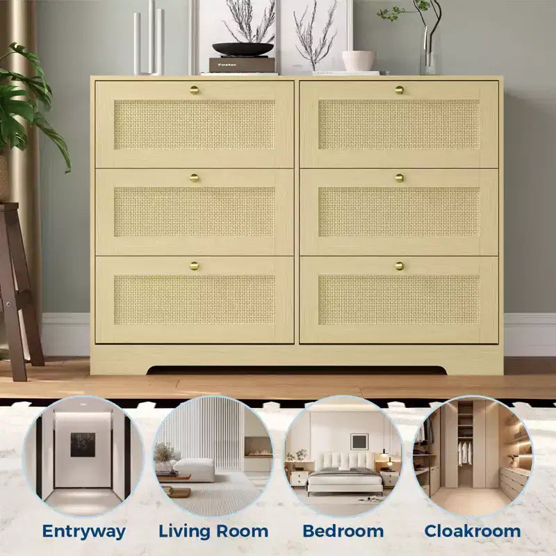 Commode 8 tiroirs CuisinSmart, armoire de rangement en rotin avec cadre en MDF, commode pour chambre à coucher, salon, entrée