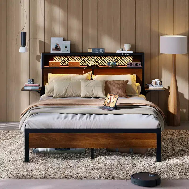 Cadre de lit Bestier Queen/Full en tissu, plateforme de lit LED, tête de lit de rangement avec étagères pliantes et station de charge