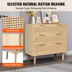 Commode 3 tiroirs en rotin VEVOR, Commode de placard en rotin naturel avec 3 tiroirs, Organisateur et rangement de vêtements de poitrine en bois moderne de style bohème, Couleur bois