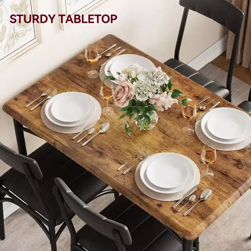 Table et chaises de cuisine, ensemble de table de salle à manger pour 4 avec chaises rembourrées, ensemble de table de cuisine en métal et bois, table à manger rectangulaire