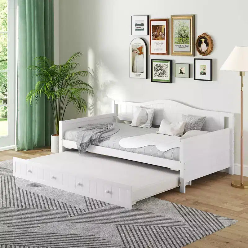Lit de repos Costway simple avec lit gigogne, lit-canapé en bois massif avec lattes de soutien, lit d'appoint blanc/gris
