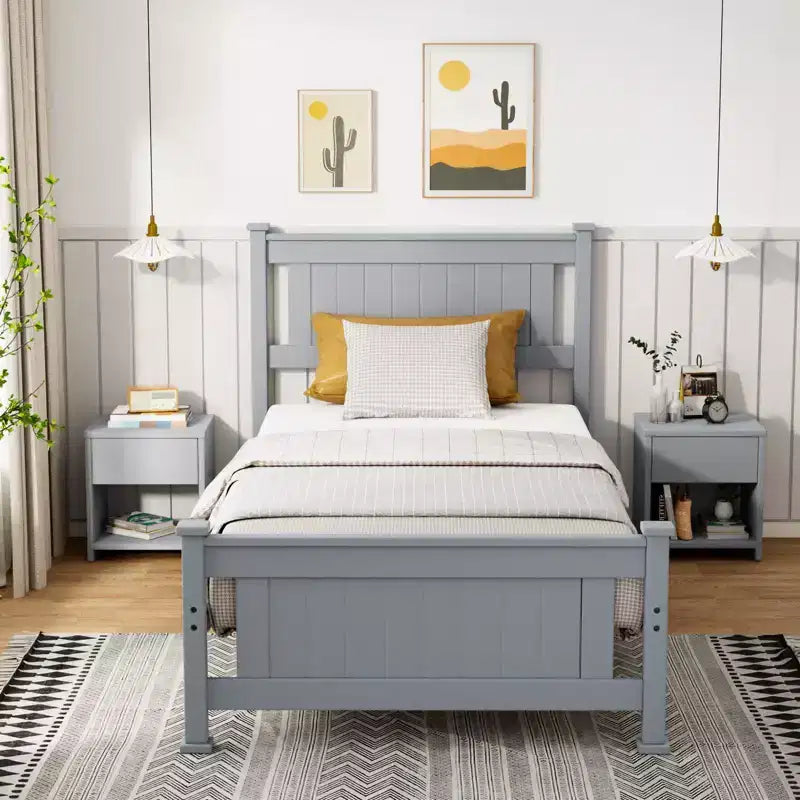 VINGLI Cadre de lit jumeau en bois massif, lit plateforme, lit simple avec tête de lit, pas besoin de sommier tapissier, support à lattes en bois, gris