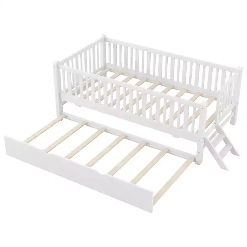 Cadre de lit double avec lit gigogne et garde-corps, lit plateforme bas avec escalier pour garçons et filles