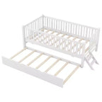 Cadre de lit double avec lit gigogne et garde-corps, lit plateforme bas avec escalier pour garçons et filles