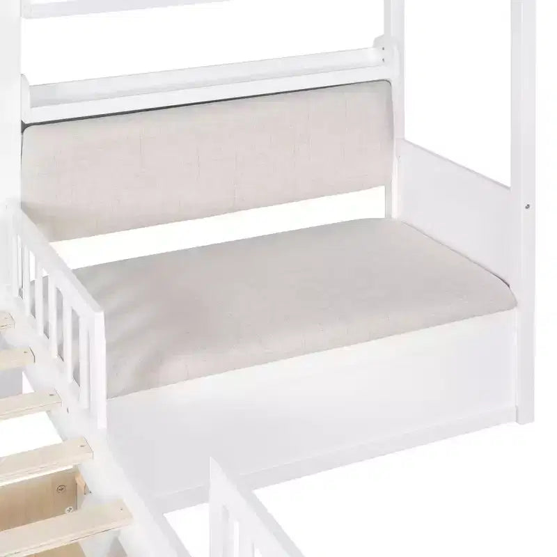 Lit cabane MAYEERTY pour enfant avec canapé, plateforme, deux tiroirs et étagère de rangement, blanc