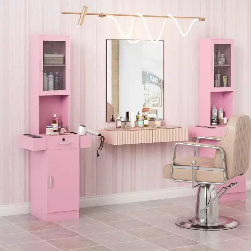 Sandinrayli Poste de Salon pour Coiffeur, Meuble de Rangement Coiffure avec Porte en Verre Rose