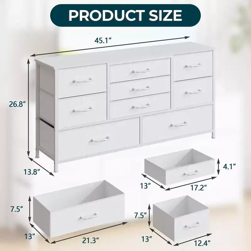 Commode de rangement moderne blanche à 9 tiroirs, dessus en bois, organisateur en tissu, grand meuble de chambre à coucher, entrée, console TV de 45 pouces