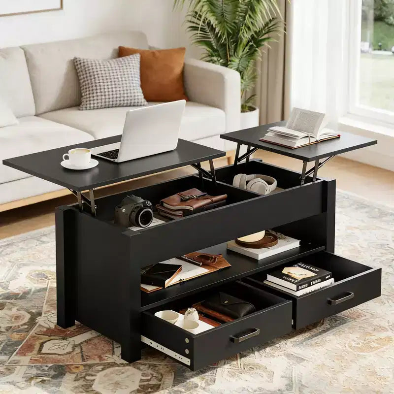 Table basse relevable avec 2 tiroirs et rangement caché, table en bois convertible pour salon et bureau à domicile