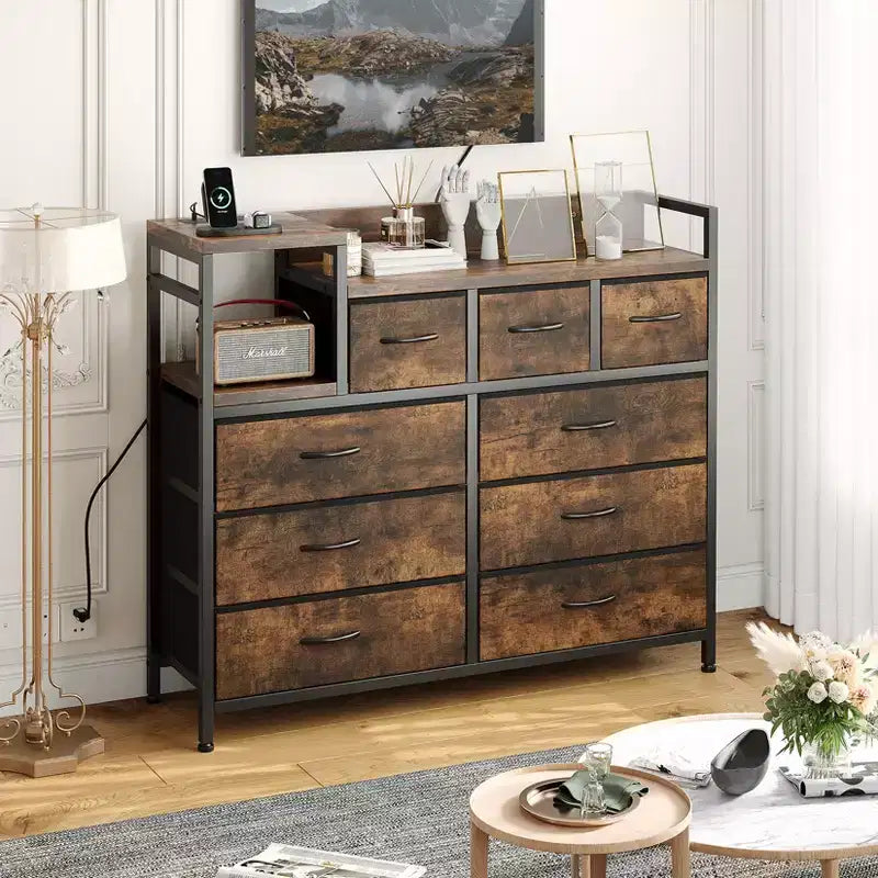 COZONY Commode de rangement à 9 tiroirs de 86,4 cm de haut et meuble TV, Tour de rangement en tissu, Rangement à cadre en acier robuste pour le salon, utilisation dans les petits espaces