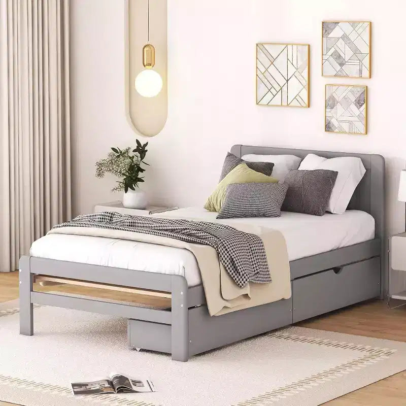 Lit plateforme double Acekool avec 2 tiroirs de rangement gigognes, tête de lit, cadre robuste, aucun sommier tapissier requis, gain de place pour chambre d'enfants ou d'amis